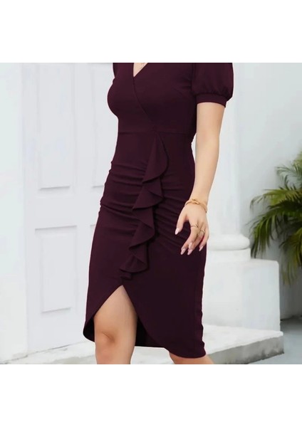 Kadın Kısa Kollu V Yakalı Önden Fırfırlı Ithal Krep Elbise modelleri