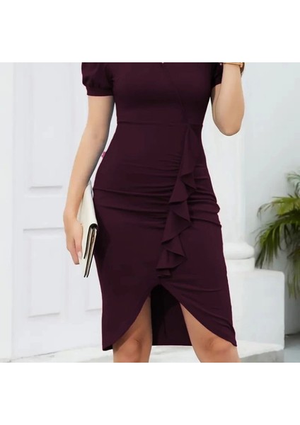 Kadın Kısa Kollu V Yakalı Önden Fırfırlı Ithal Krep Elbise indirimleri