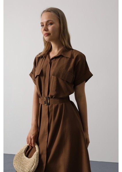 Kuşaklı Cep Detaylı Yarım Kol Elbise - Kahve fırsatları