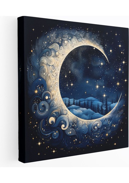 Lacivert Gece Yıldızlı Kanvas Tablo - Lacivert Yıldızlı Gece Duvar Dekorasyonu Duvar Sanatı