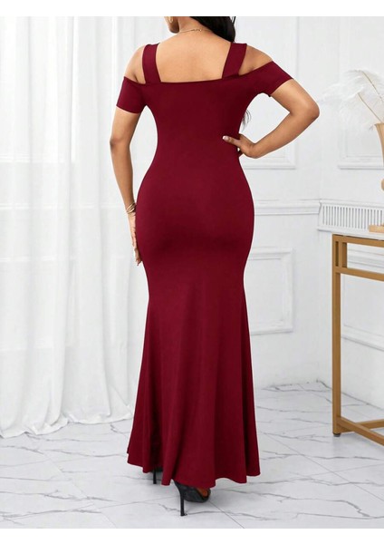 Kadın Omuzlardan Açık Askılı Yırtmaç Detaylı Uzun Ithal Krep Elbise fiyatları