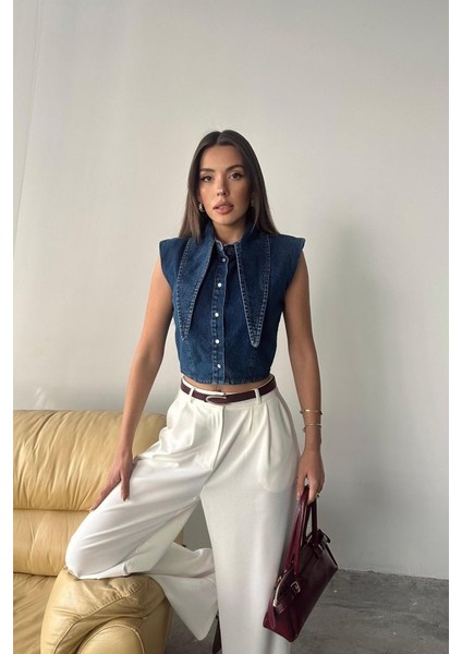 Mavi Yaka Detaylı Denim Crop modelleri