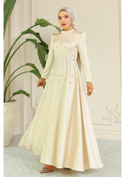 Kloş Önü Taş Desenli Saten Tesettür Abiye Elbise Bej 1680