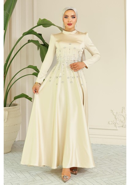 Kloş Önü Taş Desenli Saten Tesettür Abiye Elbise Bej 1680 fiyatları