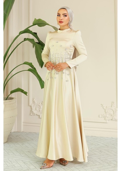 Kloş Önü Taş Desenli Saten Tesettür Abiye Elbise Bej 1680 fırsatları