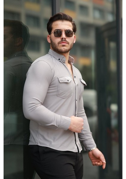 Erkek Çift Cepli Çıtçıt Düğmeli Uzun Kollu Gömlek modelleri