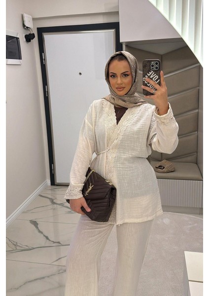Kadın Bej Keten Kumaş Işleme Detaylı Önden Ip Bağlamalı Tesettür Takım fiyatları