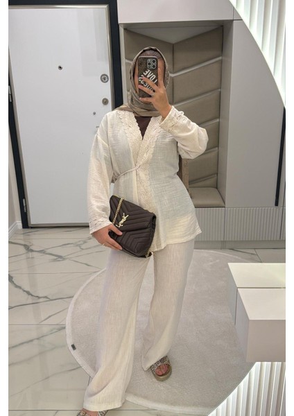 Kadın Bej Keten Kumaş Işleme Detaylı Önden Ip Bağlamalı Tesettür Takım modelleri