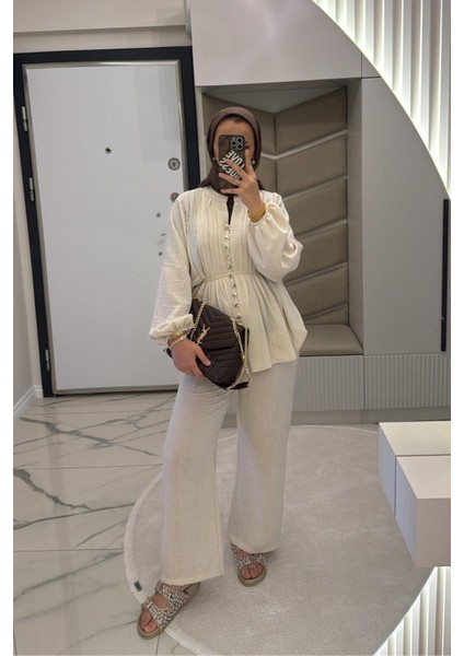 Kadın Bej Keten Kumaş Brit Düğmeli Tesettür Takım