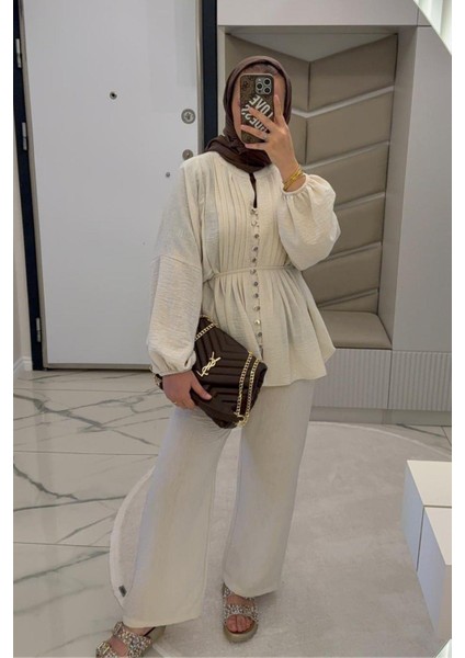Kadın Bej Keten Kumaş Brit Düğmeli Tesettür Takım fiyatları