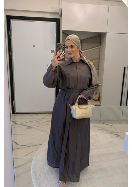 Kadın Kahve Eteği Pileli Gömlekli Takım