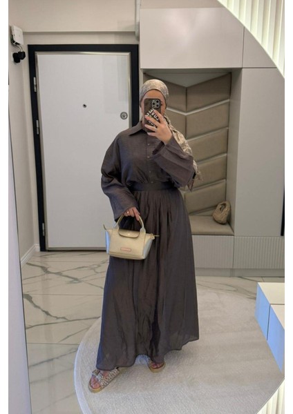 Kadın Kahve Eteği Pileli Gömlekli Takım modelleri