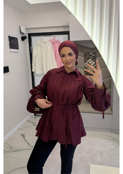 Kadın Bordo Plikaşe Kollu Gömlek fiyatları