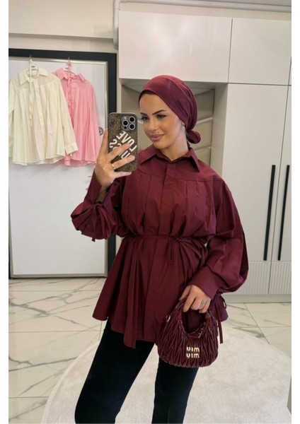 Kadın Bordo Plikaşe Kollu Gömlek modelleri