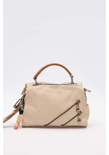 Krem Çapraz Fermuar Detaylı Sırt Çantası