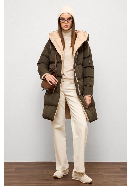 Kapüşonlu Iki Renkli Çift Taraflı Şişme Mont Haki-Taş 5371