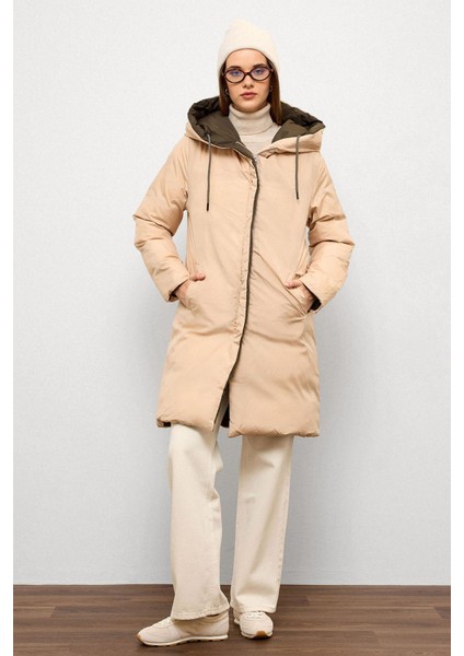 Kapüşonlu Iki Renkli Çift Taraflı Şişme Mont Haki-Taş 5371 fiyatları