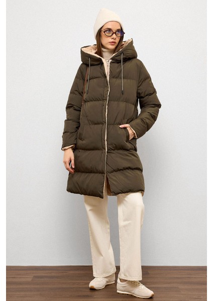 Kapüşonlu Iki Renkli Çift Taraflı Şişme Mont Haki-Taş 5371 modelleri