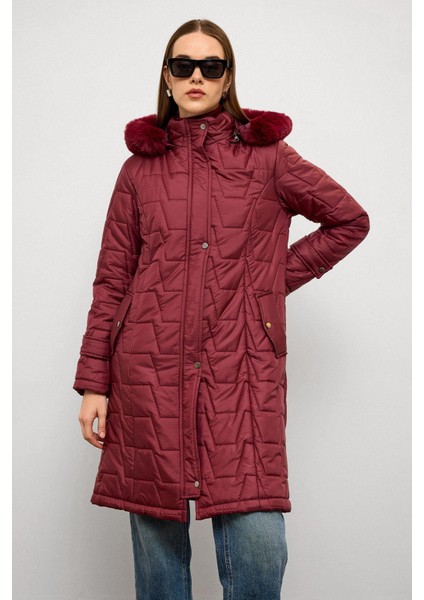 Çıkabilir Kürklü Kapüşonlu Fermuar Kapamalı Kapitone Mont Bordo 6779 indirimleri