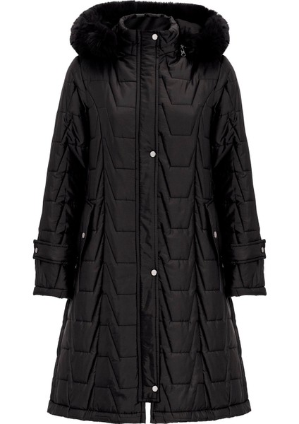 Çıkabilir Kürklü Kapüşonlu Fermuar Kapamalı Kapitone Mont Siyah 6779