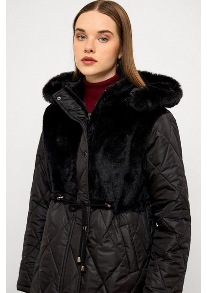 Çıkabilen Kürklü Kapüşonlu Pelüş Garnili Kapitone Mont Siyah 6781 indirimleri