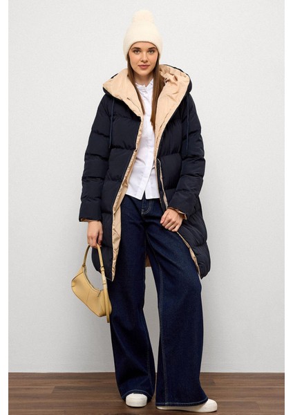 Kapüşonlu Iki Renkli Çift Taraflı Şişme Mont Laci-Taş 5371