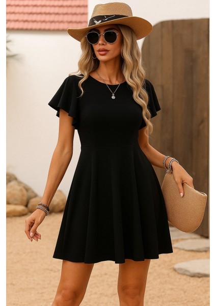 Kadın Kısa Kelebek Kollu Bisiklet Yaka Janjan Krep Elbise
