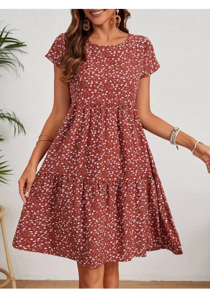 Kadın Kısa Kollu Bisiklet Yaka Çiçek Desenli Süprem Elbise indirimleri