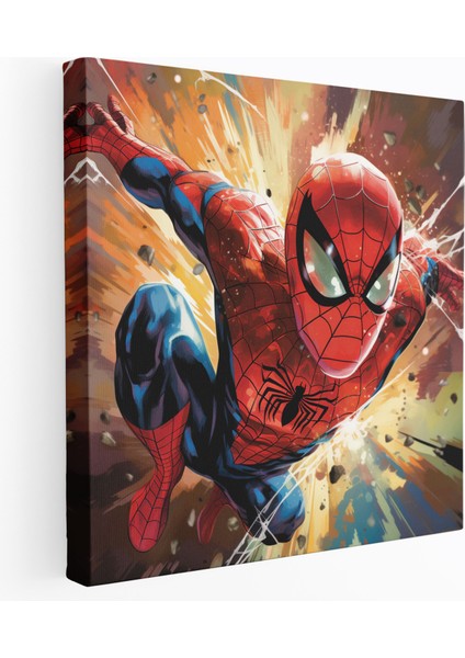 Örümcek Adam Kanvas Tablo - Çizgi Roman Tarzı Duvar Sanatı - Örümcek Adam Orta Eylem Pozu Ev Dekorasyonu Konuşma Balonları