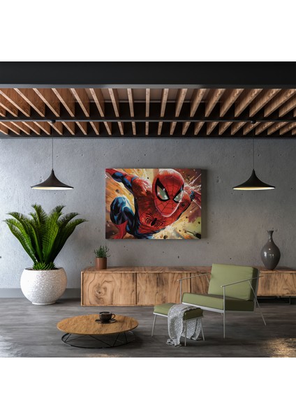 Örümcek Adam Kanvas Tablo - Çizgi Roman Tarzı Duvar Sanatı - Örümcek Adam Orta Eylem Pozu Ev Dekorasyonu Konuşma Balonları modelleri