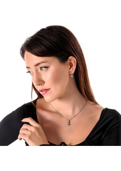 Zamansız Pırıltı Yeşil Kadın 2'li Takı Seti Küpe Kolye Takım Bakır El Yapımı Kararma Yapmaz Kutulu