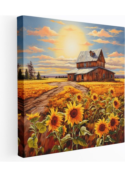 Rustik Çiftlik Kanvas Tablo - Tepelerdeki Ahır Duvar Sanatı - Rustik Ayçiçekleri Ahır Çiftlik