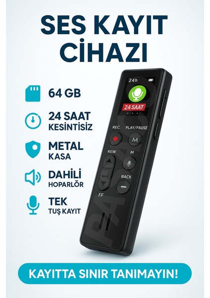 64 Gb 24 Saat Kayıt Led Ekranlı Profesyonel Ses Kayıt Cihazı Okul Ders Not,toplantı