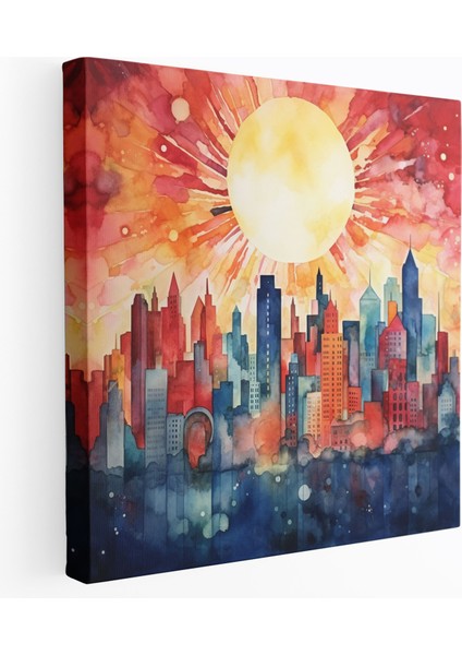 Şafak Duvar Dekorasyonu - Soyut Şehir Manzarası Kanvas Tablo - Şafak Soyut Resim Kent Suluboya