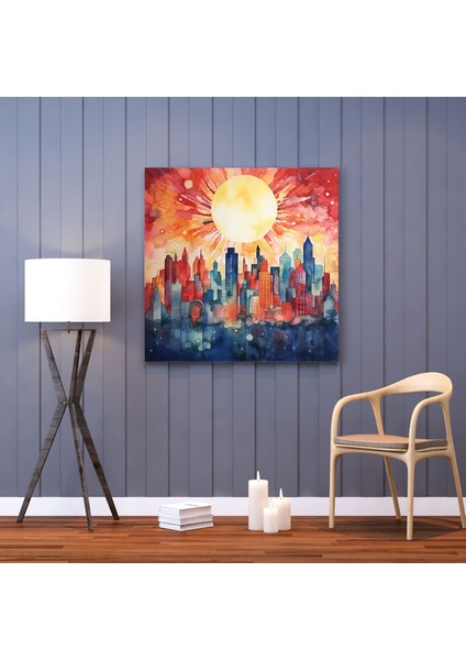 Şafak Duvar Dekorasyonu - Soyut Şehir Manzarası Kanvas Tablo - Şafak Soyut Resim Kent Suluboya modelleri
