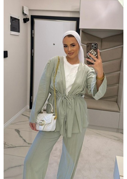 Kadın Mint Yeşil Vual Taşlı Kimono Takım