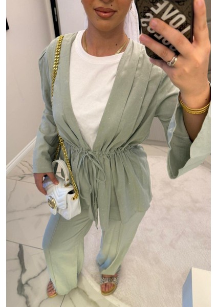 Kadın Mint Yeşil Vual Taşlı Kimono Takım indirimleri