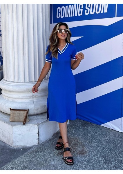 Kadın Kısa Kollu V Yaka ve Yaka Ribana Detay Midiboy Viskon Elbise fiyatları