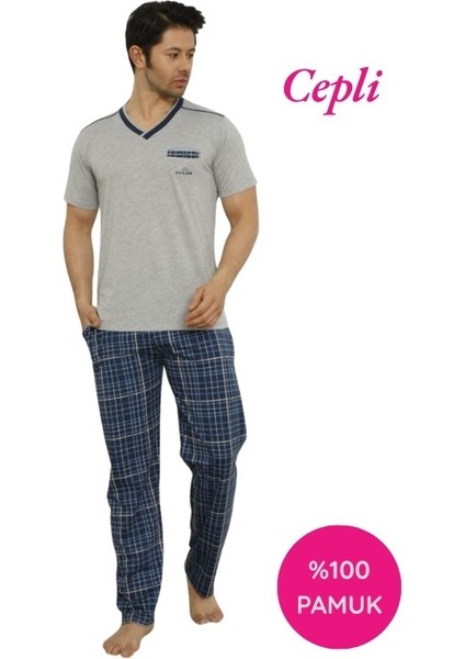 Erkek V Yaka Ekose Desen %100 Pamuk Kısa Kol Cepli Pijama Takımı fiyatları