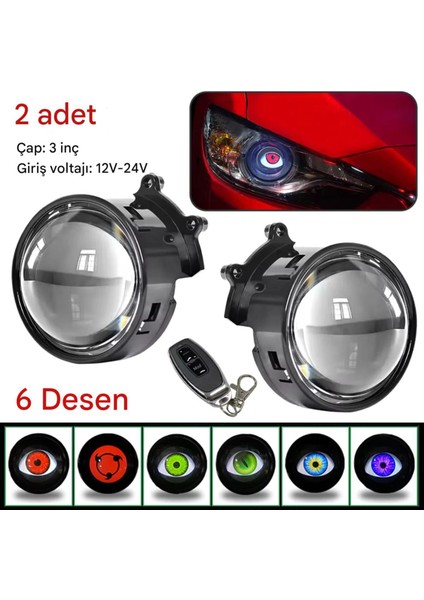 Şeytan Gözü LED Far Sis Farı 6 Modlu Mercekli LED Uzaktan Kumandalı Animasyonlu 2 Adet indirimleri