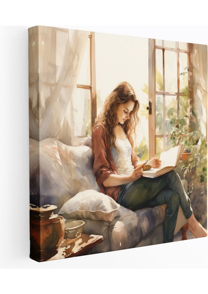 Kadın Duvar Sanatı - Rahat Köşe Suluboya Kanvas Tablo - Kadın Öz Kanvas Tablo Suluboya Illüstrasyonu