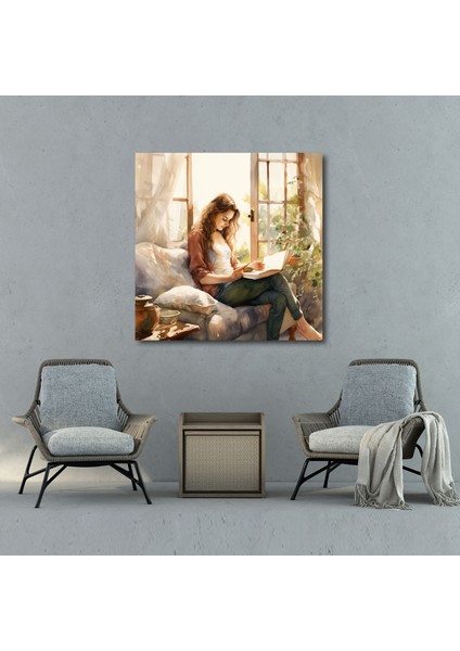 Kadın Duvar Sanatı - Rahat Köşe Suluboya Kanvas Tablo - Kadın Öz Kanvas Tablo Suluboya Illüstrasyonu modelleri