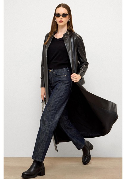 Hakim Yaka Kemer Detaylı Uzun Deri Trençkot Siyah 6775 fiyatları