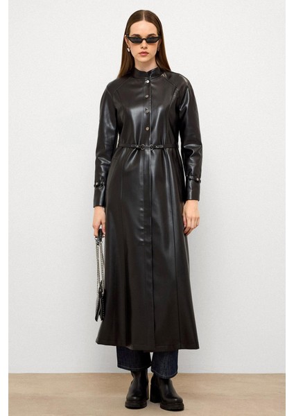 Hakim Yaka Kemer Detaylı Uzun Deri Trençkot Siyah 6775 modelleri