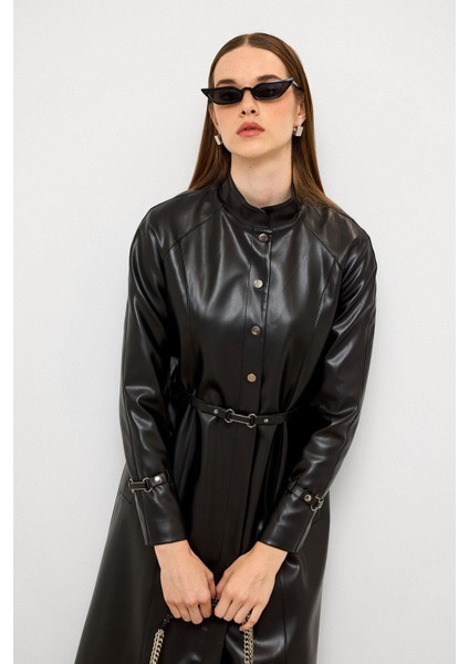 Hakim Yaka Kemer Detaylı Uzun Deri Trençkot Siyah 6775 fırsatları