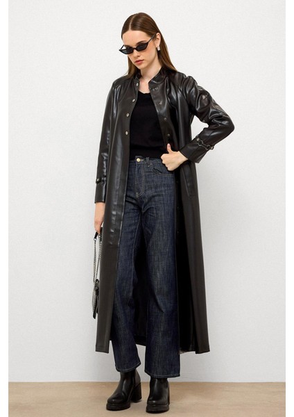 Hakim Yaka Kemer Detaylı Uzun Deri Trençkot Siyah 6775 indirimleri