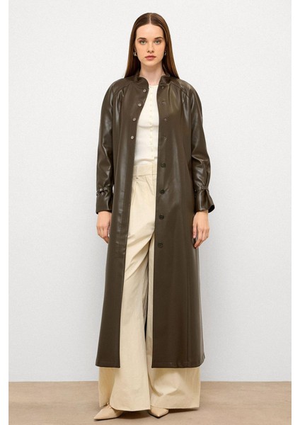 Hakim Yaka Kemer Detaylı Uzun Deri Trençkot Haki 6775