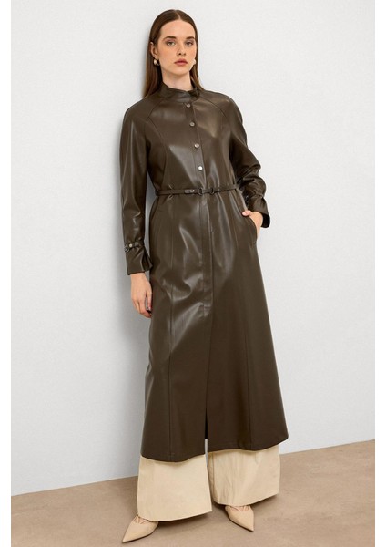 Hakim Yaka Kemer Detaylı Uzun Deri Trençkot Haki 6775 fiyatları