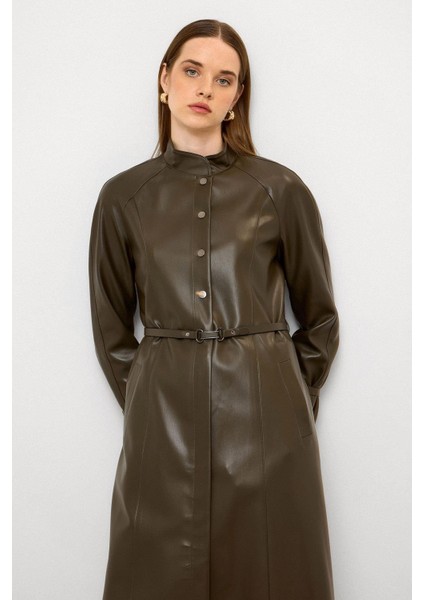 Hakim Yaka Kemer Detaylı Uzun Deri Trençkot Haki 6775 modelleri