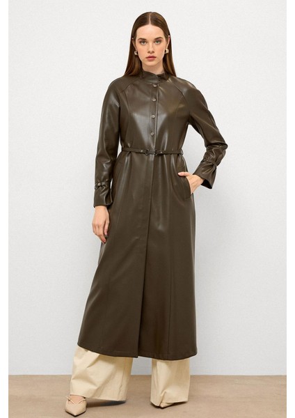 Hakim Yaka Kemer Detaylı Uzun Deri Trençkot Haki 6775 fırsatları